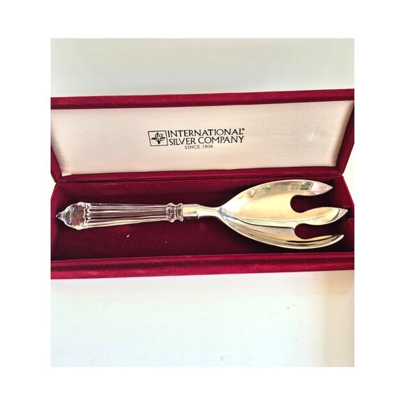 International Silver Co Serving Fork Spoon Set Boxed Silver Plate Large Salad - Picture 4 of 9